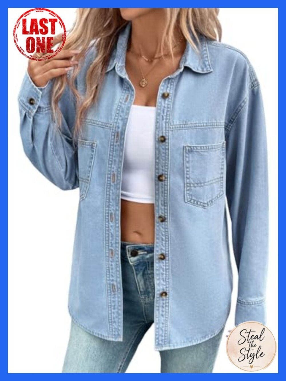 Oversized Denim Button Down Shirt Long Sleeve Blouse